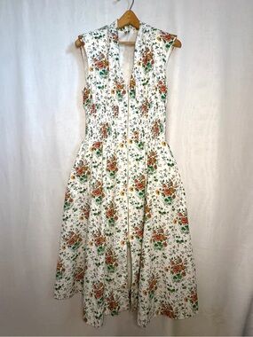 Anthropologie Maeve Tommie Zip-Front Smocked Midi Dress Cream With Floral Print